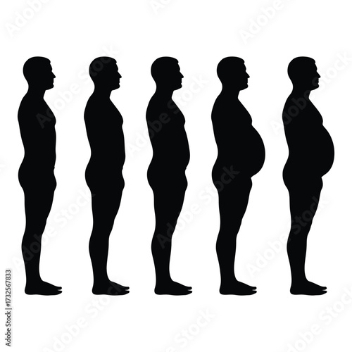 Human body transformation silhouette progression showing weight gain and fat accumulation silhouette