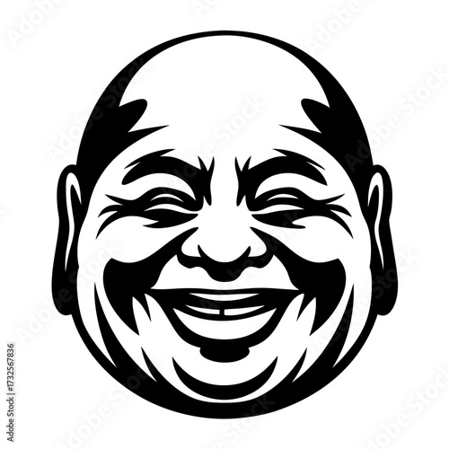 Monochrome vector graphic depicting a happy Buddha face in graphic design