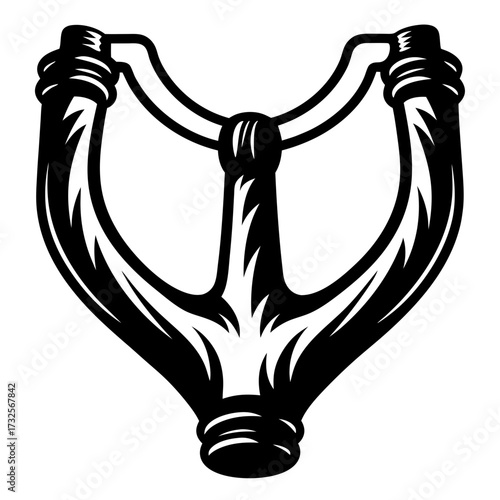 Black and white illustration of a classic slingshot or catapult toy