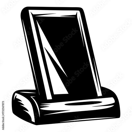 Black and white graphic icon of a smartphone holder or stand