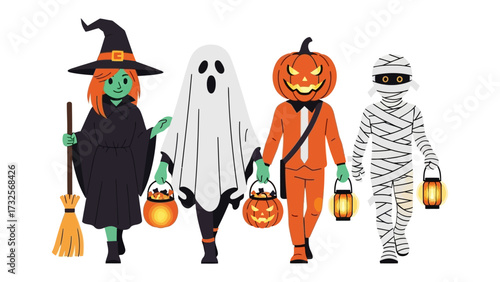 Halloween Costume Parade: A charming illustration presents a delightful procession of classic Halloween figures, perfect for seasonal celebrations and adding a touch of spooky fun.