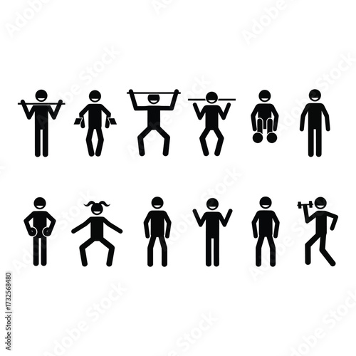 Dynamic fitness poses stick figures set exercising active lifestyle people icons for sports and health concepts silhouette