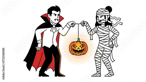 Spooky Halloween Showdown: A playful illustration captures the spirit of Halloween, as a vampire and a mummy, each with a spirited attitude.