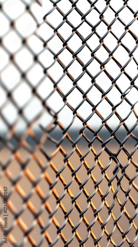 Fototapeta premium Close-up view of a weathered chain-link fence against a blurred background at a construction site during daylight hours