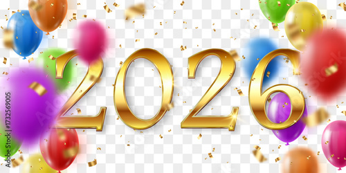 Vector festive 2026 New Year confetti and flying balloons png. Golden bright confetti falls. Vector celebration background with confetti and 3d helium balloons. Isolated on transparent background.