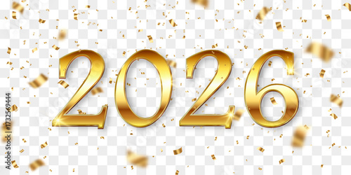 Vector festive 2026 New Year confetti and flying balloons png. Golden bright confetti falls. Vector celebration background with confetti and 3d helium balloons. Isolated on transparent background.