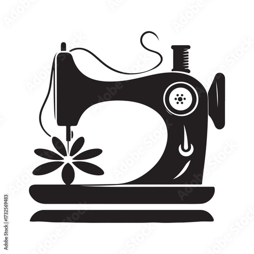 Sewing machine with thread looping to flower vector silhouette outline logo design concept illustration