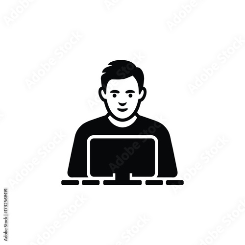 Asian man at desktop computer with transparent background icon illustration