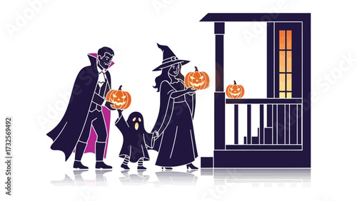 Halloween family with pumpkins : Halloween illustration of a costumed family with jack-o'-lanterns on a fun night. Evoking Halloween fun and family spirit.