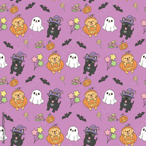 Happy halloween party seamless pattern background with sweet puppy dog wearing halloween costume, smiling pumpkin and spooky bat. Holidays cartoon character. -Vector