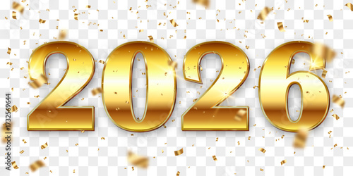 Vector festive 2026 New Year confetti and flying balloons png. Golden bright confetti falls. Vector celebration background with confetti and 3d helium balloons. Isolated on transparent background.