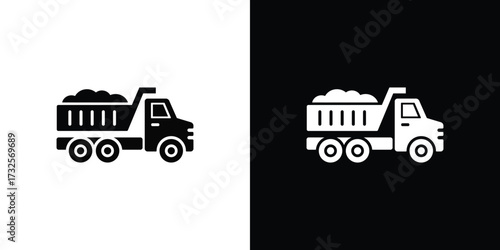 Black And White Isolated Dump Truck Carrying Rock Silhouette Heavy Machinery Icon