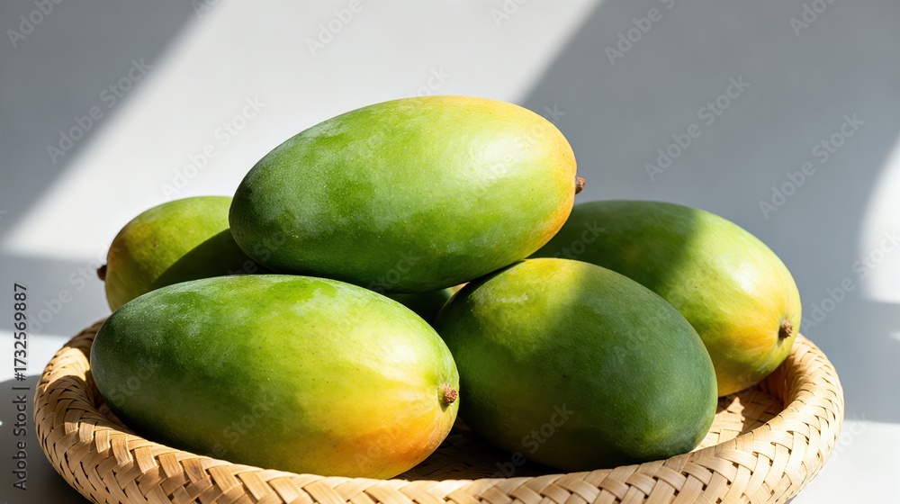 Obraz premium Green Mangoes in Woven Plate, Fresh Fruit Display