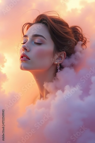Young girl in the clouds. Girl portrait, colorful illustration, highly detailed beautiful face, concept art