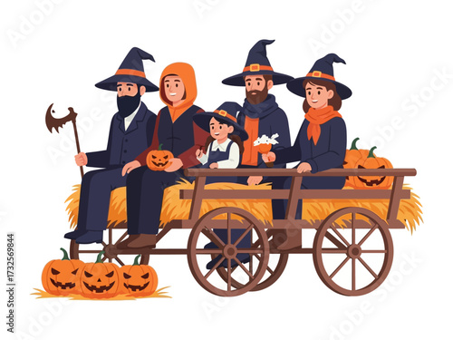 Halloween Cart Ride: A festive illustration showcases a costumed family merrily journeying on a cart, surrounded by pumpkins, embodying the joyful spirit of Halloween celebration.