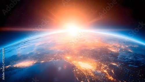 明るい太陽フレアと宇宙から見た青い地球