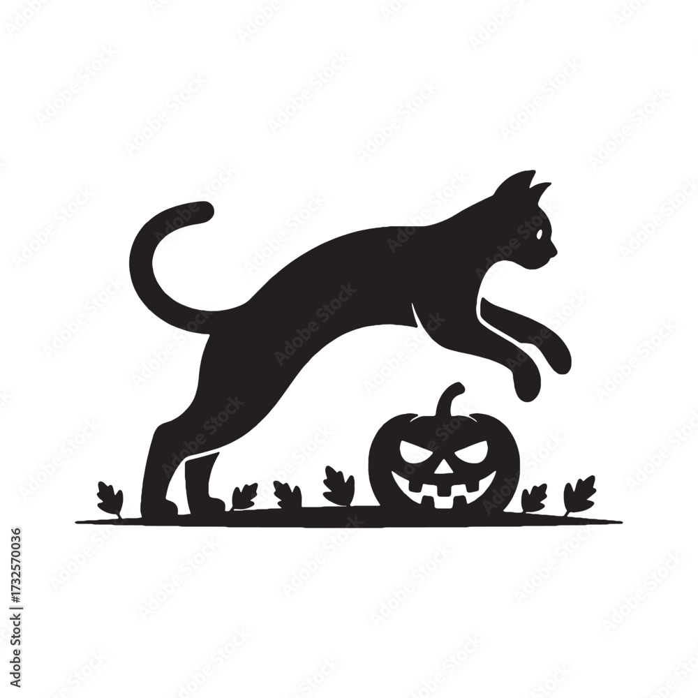 Obraz premium Halloween Black Cat on Pumpkin Spooky Season Silhouette Vector and White background