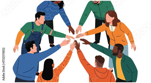 Diverse business team. Multiracial community hands reaching together for support and unity. People society bonding in solidarity and cooperation. Happy office workers. Flat vector illustration