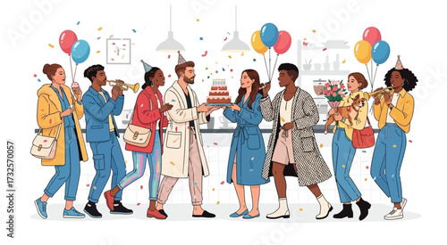 Birthday celebrate. Happy office people, holiday attributes, balloon, gift and confetti. Card design, anniversary cake. Friend festive, event team corporate. Vector adult joy cartoon flat illustration