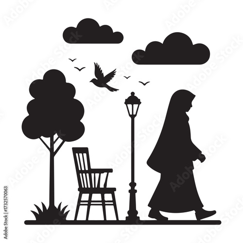 A solitary figure walks past a park bench and tree under cloudy skies silhouette