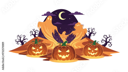 Halloween Nighttime: A festive illustration capturing the spirit of Halloween, featuring glowing pumpkins, spectral ghosts, and an eerie moonlit night. 