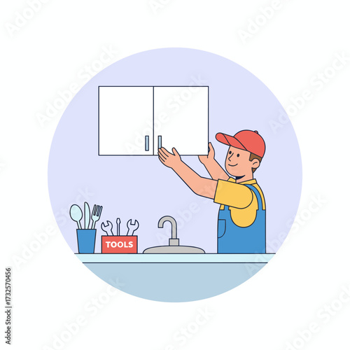 Illustration of a cabinet installation service, isolated against a white background