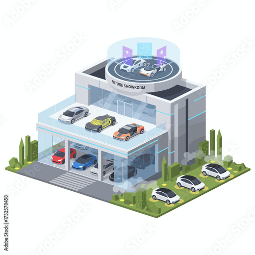 Illustration concept of a car showroom view: a flat illustration set against a white background