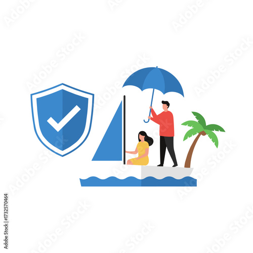 Travel Insurance Concept: A businessman on a boat hands a red umbrella to a tourist