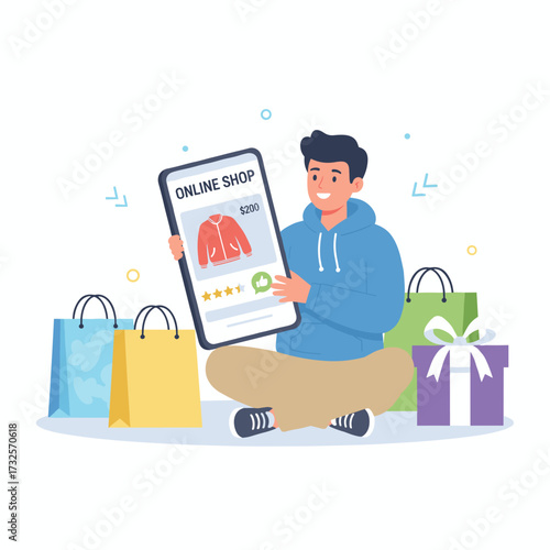 A man uses tag promotions to shop online on mobile commerce