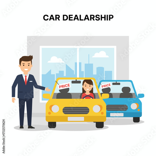 Vector illustration concept of a young woman testing a car in a showroom