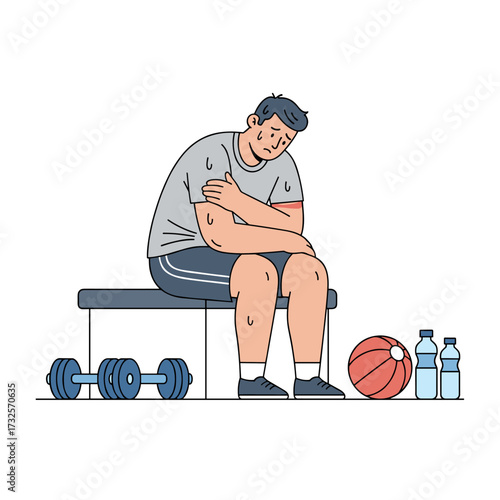Illustration concept on a white background of a strong man sitting after a workout, feeling pleasantly tired
