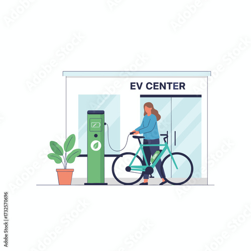 A woman recharges her electric bike at the Electronic Vehicle Center