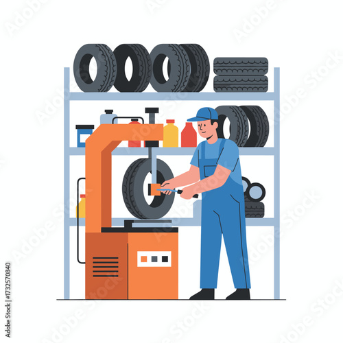 A master car mechanic vulcanizer repairs a tire on an automatic rubber repair vulcanizer machine in an auto vulcanizing and vehicle service workshop, depicted in a flat, modern vector illustration
