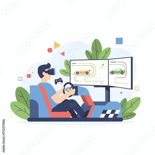 Illustration of a man learning to drive with VR technology, presented as a flat design on a white background