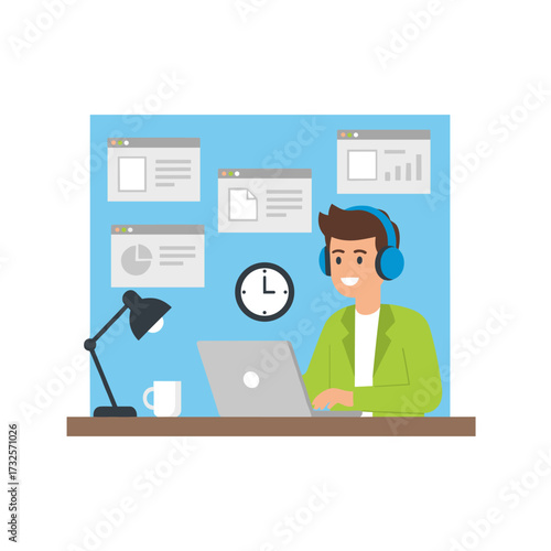 A young man enjoys developing a space illustration concept, presented as a flat illustration on a white background