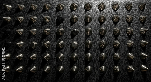 Close up of a textured black surface covered in many metallic spiked studs