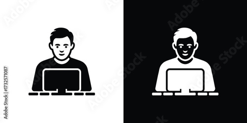 Man At Computer Icon, Monochrome Silhouette, Transparent, Person Using a PC,