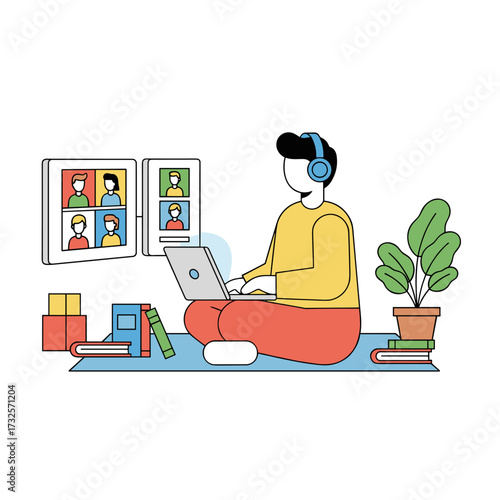 A man is speaking with a colleague over a video call; this flat illustration on a white background is suitable for web banners, infographics, and hero images
