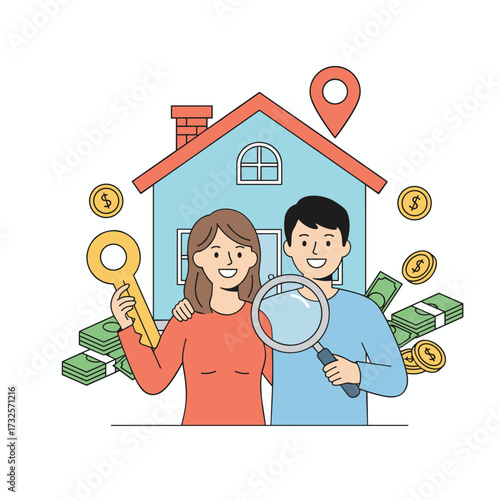 Illustration concept of a couple purchasing a new house on a white background