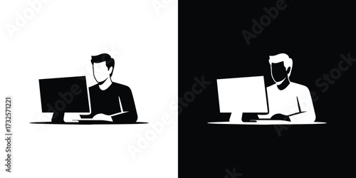 Man Silhouette at Desktop PC Computer Monitor, Flat Icon Illustration, Transparent