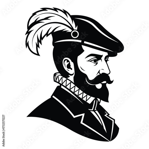 Vintage bearded gentleman with feathered cap emblem logo graphic design element silhouette