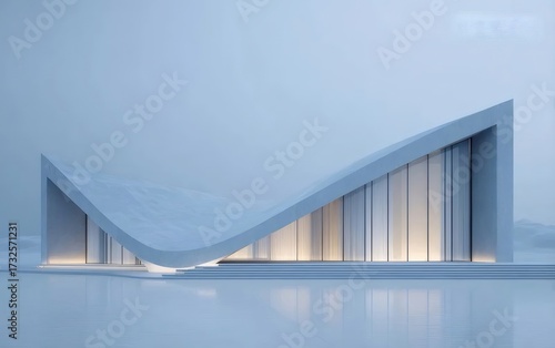 水辺に立つ白い現代建築物 ミニマルデザイン
