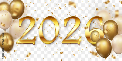 Vector festive 2026 New Year confetti and flying balloons png. Golden bright confetti falls. Vector celebration background with confetti and 3d helium balloons. Isolated on transparent background.