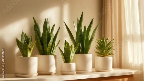 鉢植えのアロエ属植物のコレクションと窓際の自然光