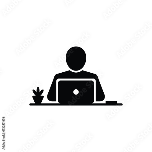 Person at Desk Using Laptop with Plant Isolated on White Background Icon Design