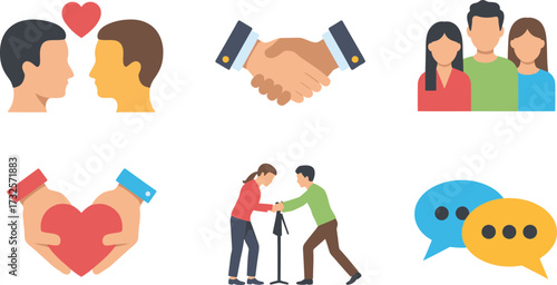 Vector art of collection of six icons representing relationships and support