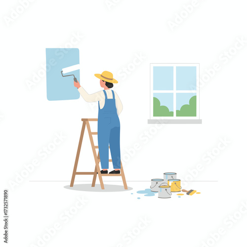 Concept illustration of a woman painter painting a wall on a white background
