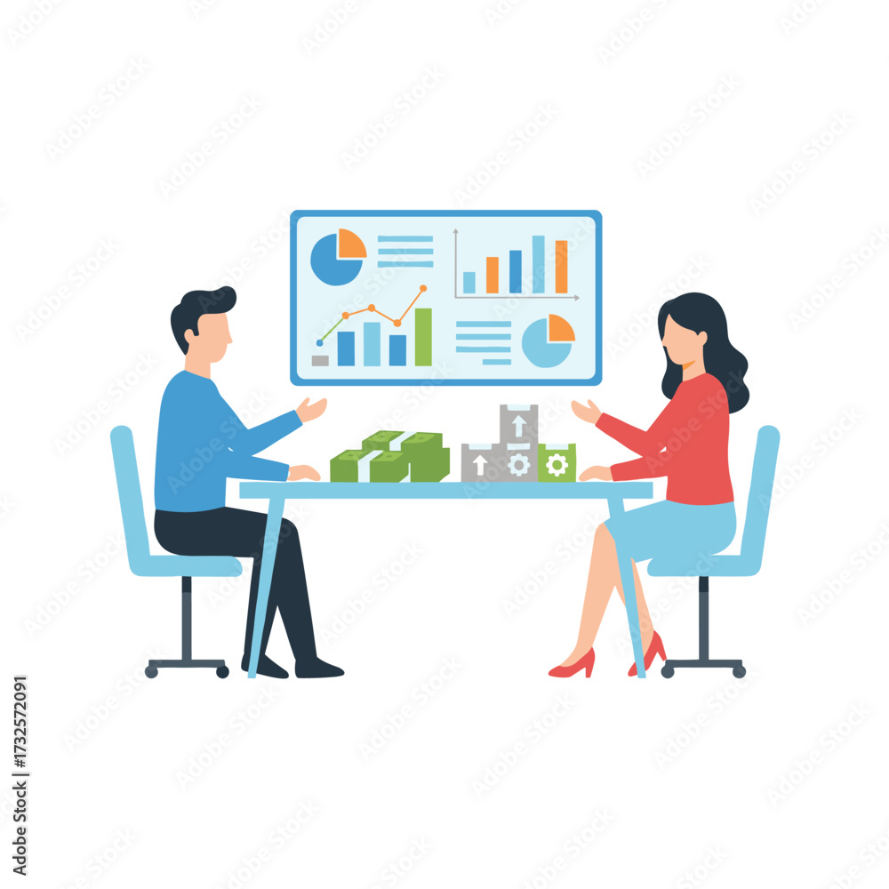 Fototapeta premium Illustration concept of a man and woman searching for a solution, presented as a flat illustration on a white background