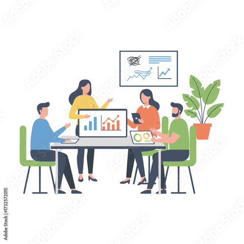 Vector illustration of a team of analysts working on graphs