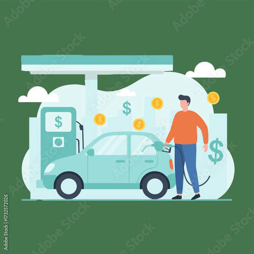 A businessman refueling a car at a Dollar pump; a flat illustration set against a white background